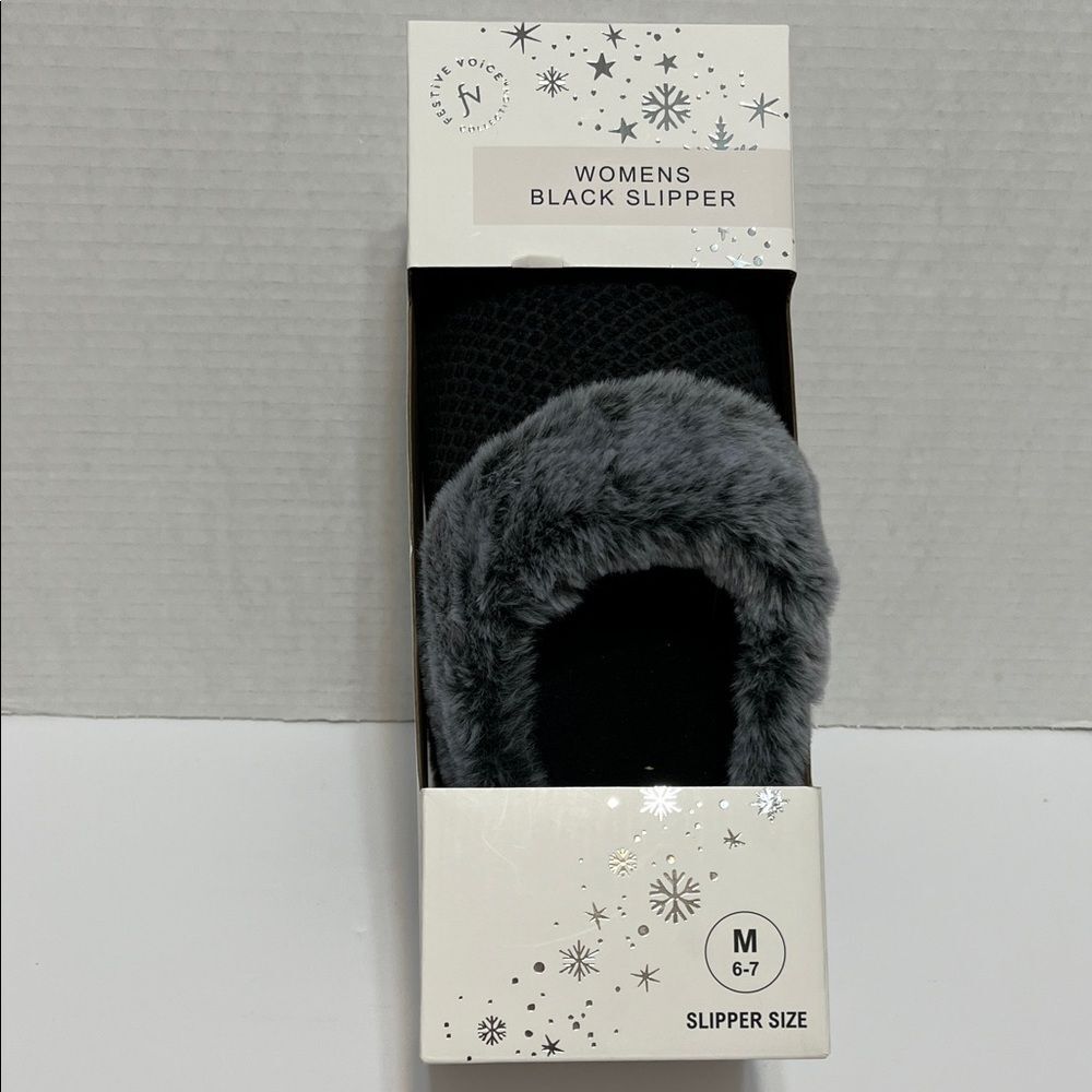 Black Thick Memory Foam Slippers Faux Fur Trim Plush Cushioning NIB Size Med 6-7